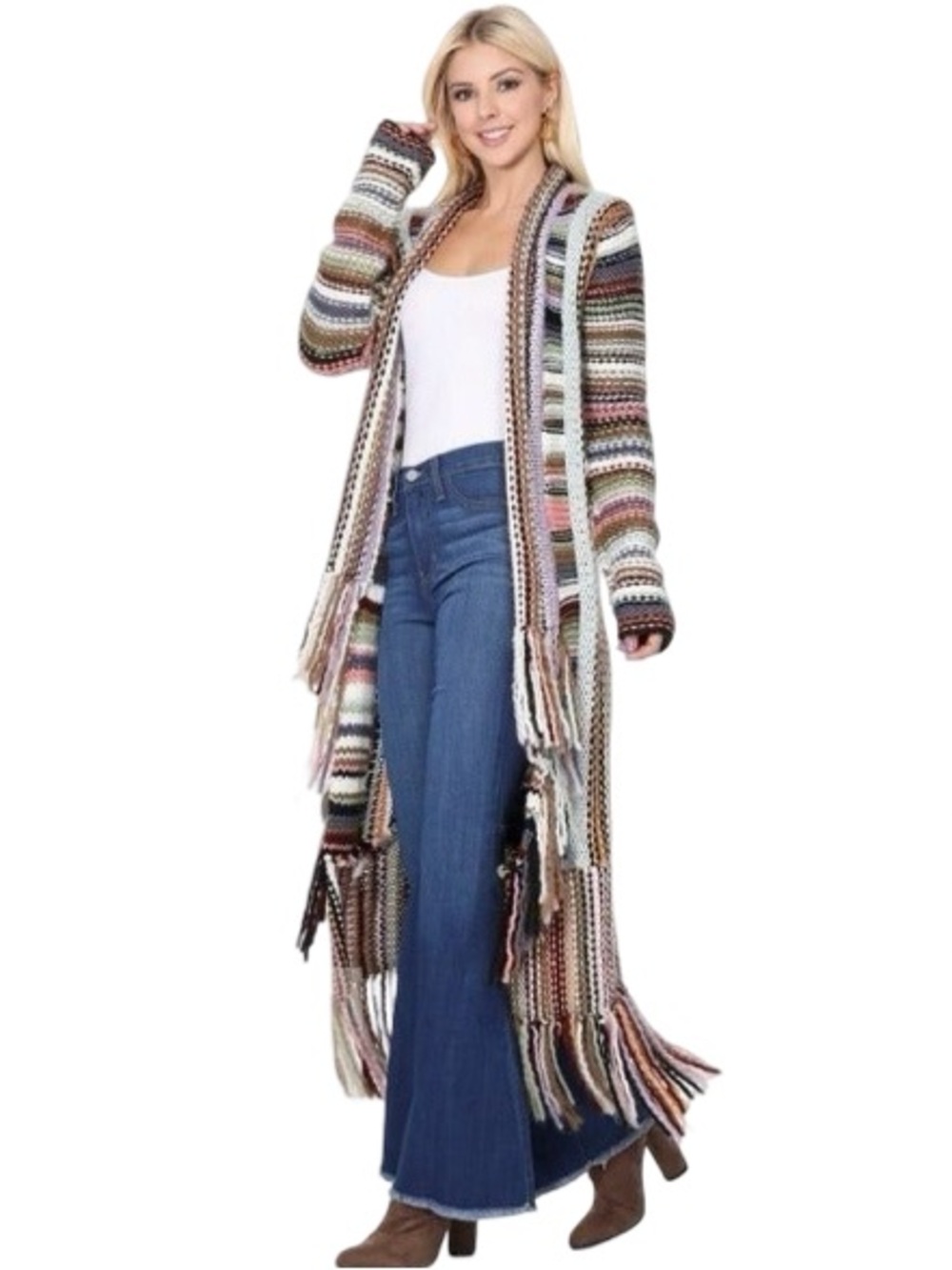 *RARE* 🦄🌈 Free People Tparty Technicolor Multicolor Knit Long Cardigan w/ fringe